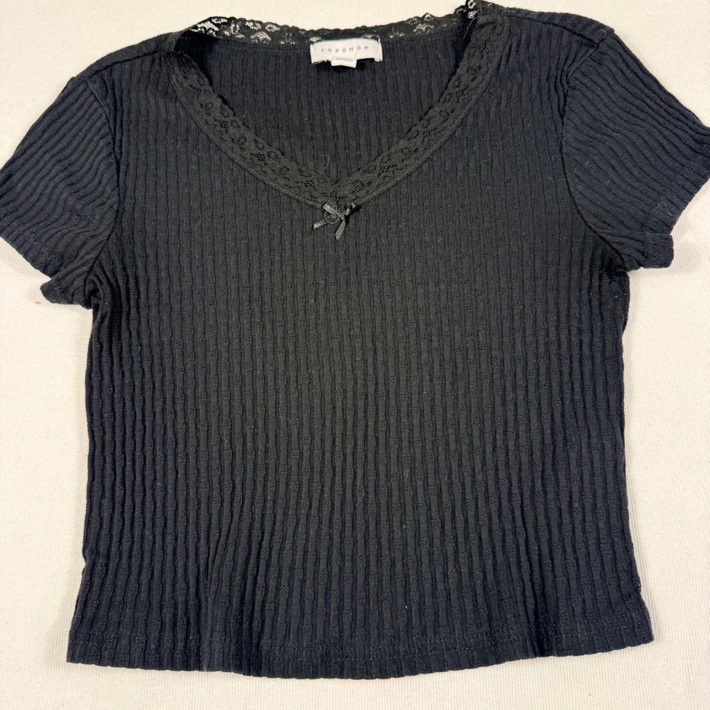 Topshop Ribbed Lace Trim V-Neck Tee Size 6 Black Bow Detail Short Sleeve‎ Top